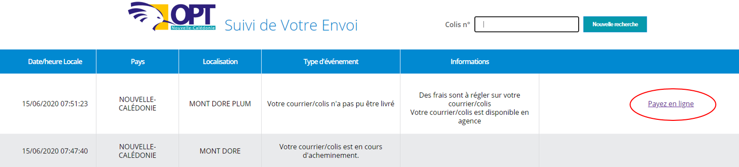 Paiement des taxes à l'importation sur le suivi de colis